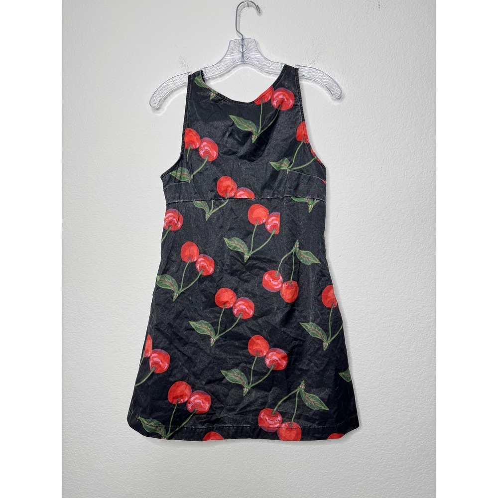 Urban Outfitters Cherry Print Mini Dress Black Acid Wash Sleeveless Pockets M